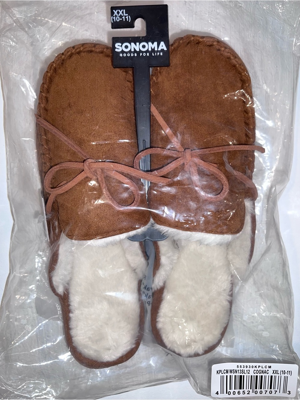 Sonoma Women’s Moccasin Slippers Brown Cognac Faux-Suede Cream Fur Lining NWT